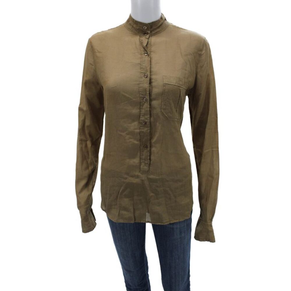 Shirt Womens High Neck Button-Up Brown 100% Cotton Long Sleeve Size 2